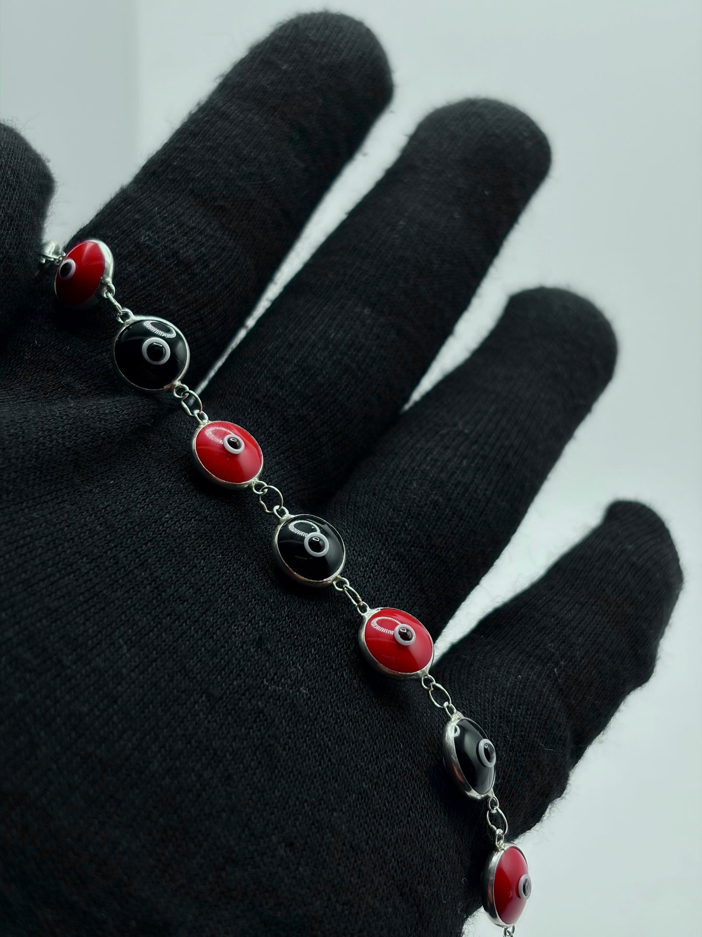 .925 Sterling Silver Evil Eye Bracelet Black and Red 7in