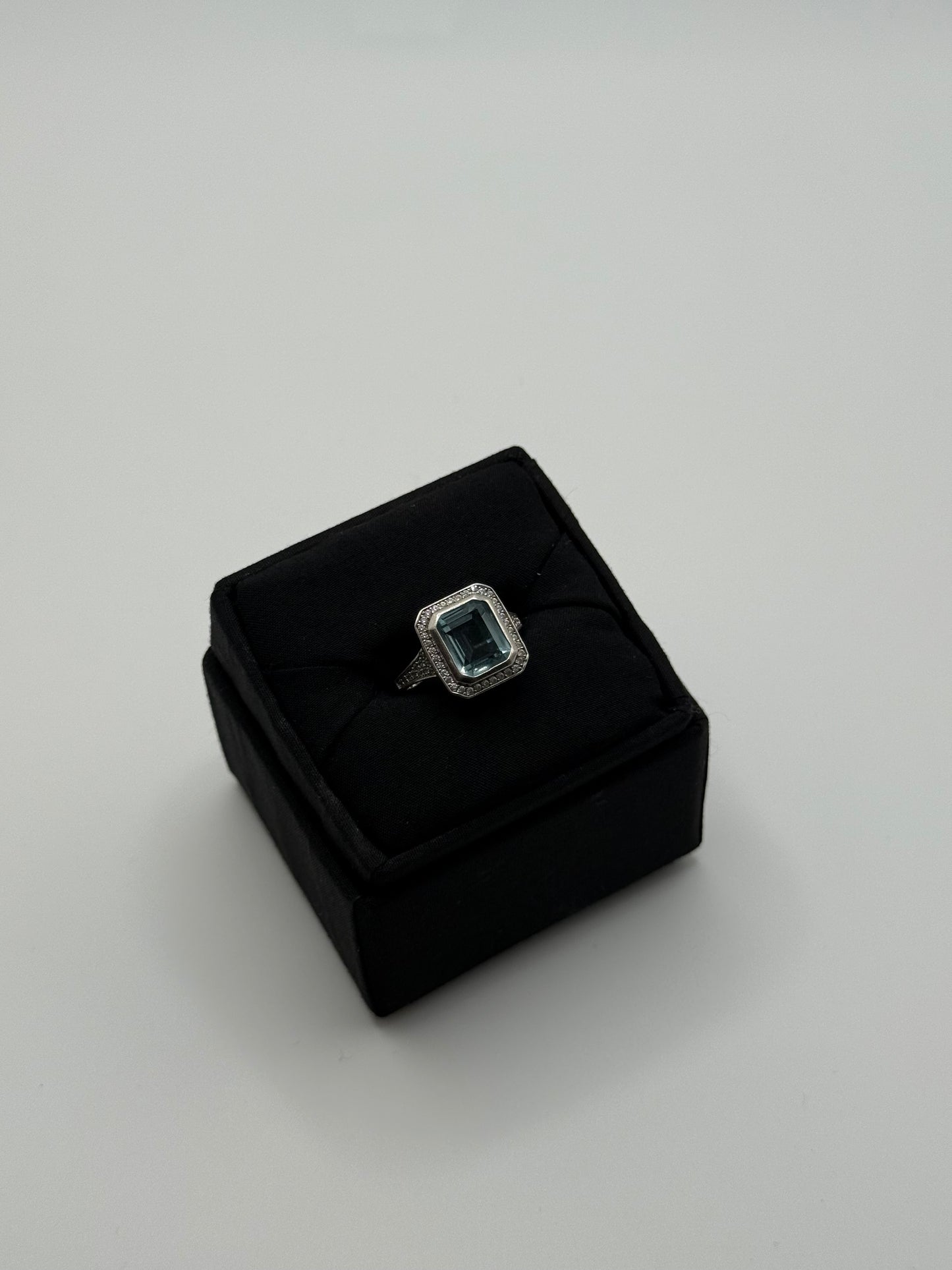 .925 Sterling Silver Emerald Cut Blue Topaz Halo Ring 8.5