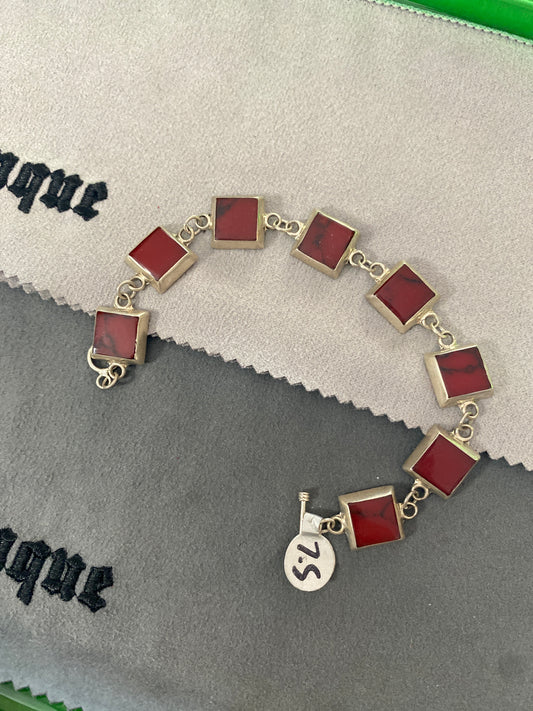 .925 Sterling Silver Coral Square Link Bracelet Sz 7.5”