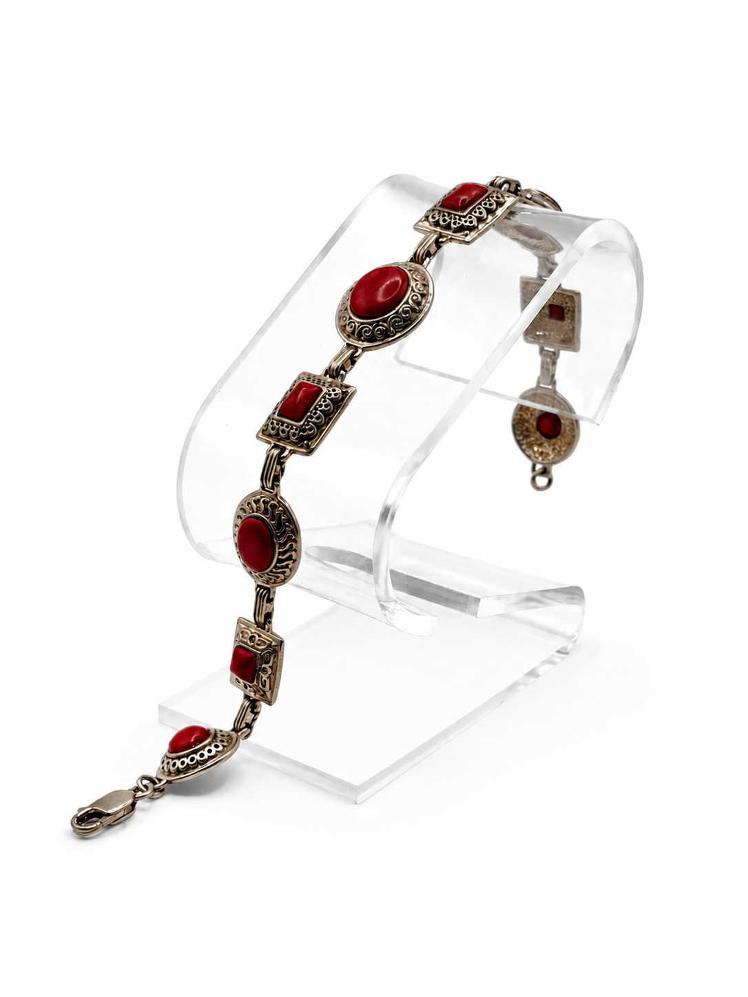 .925 Sterling Silver Red Coral Cabochon Link Bracelet Size 7.5in
