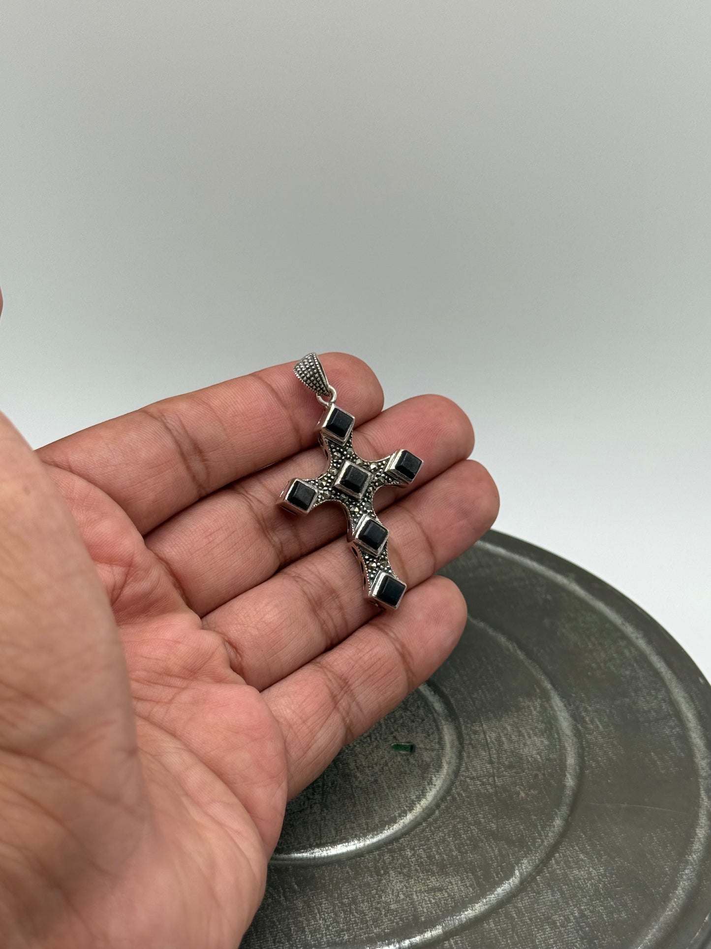 .925 Sterling Silver Onyx and CZ Cross
