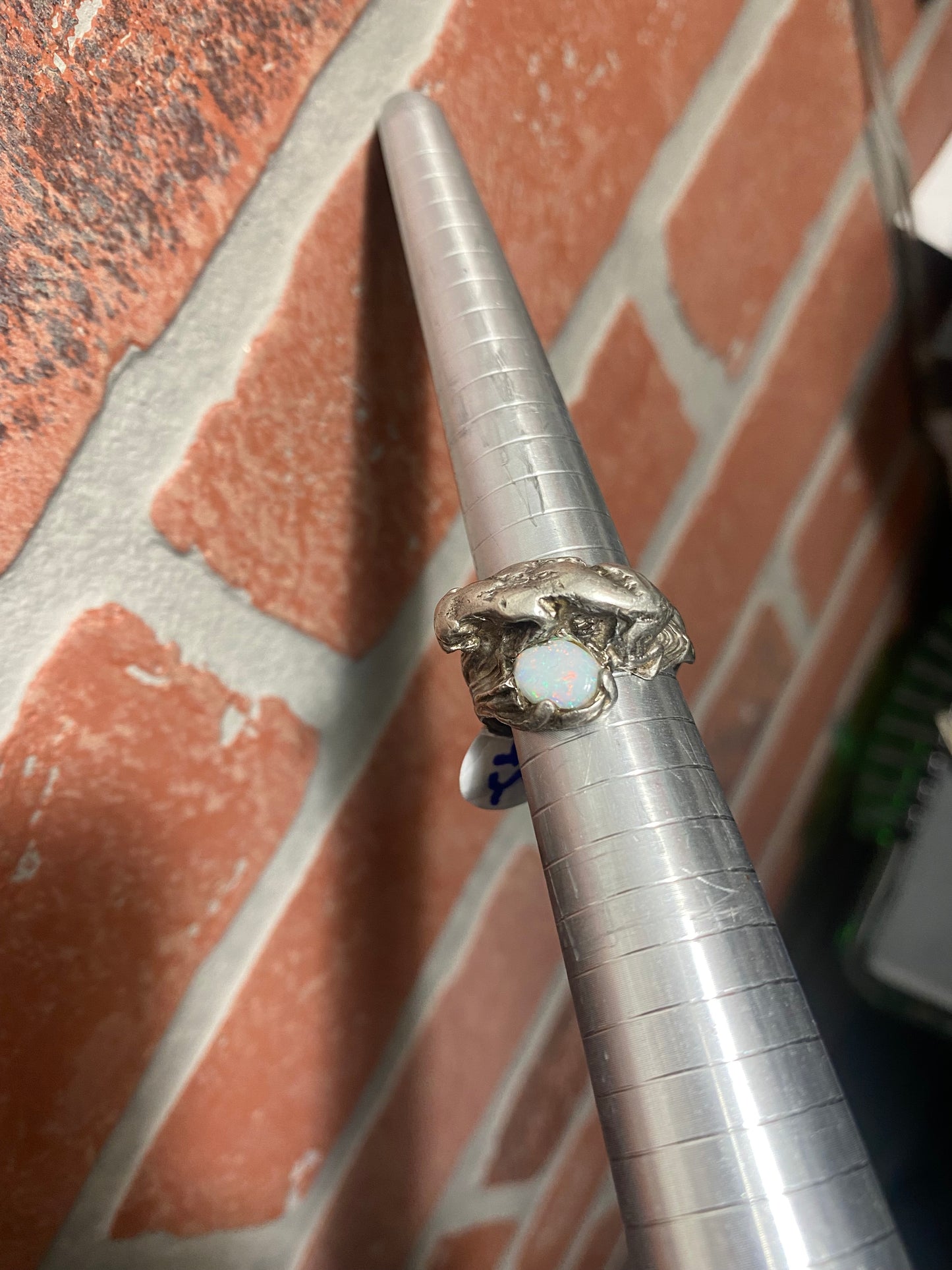 .925 Sterling Silver Jaguar On Opal Ring Sz 8”