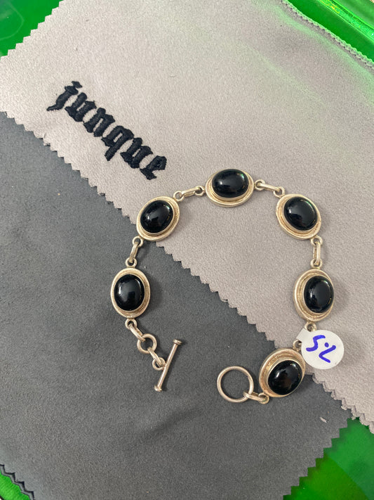 .925 Sterling Silver Onyx Oval Link Bracelet Sz 7.5