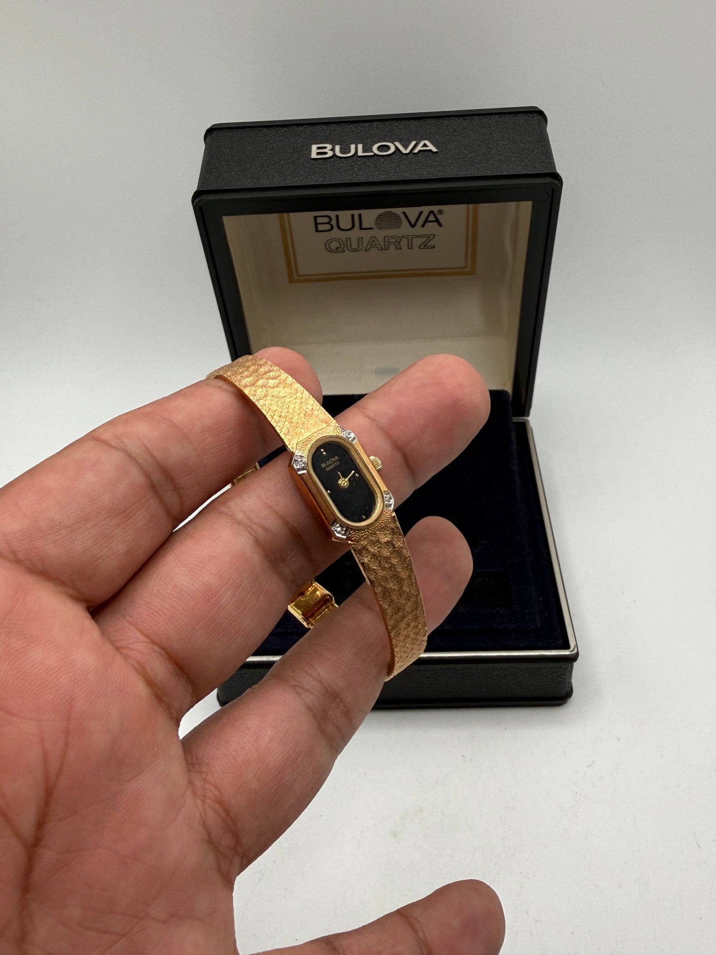 Bulova Quartz Women’s Gold Tone Black Dial Diamond Accent Wristwatch w/ Original Box
