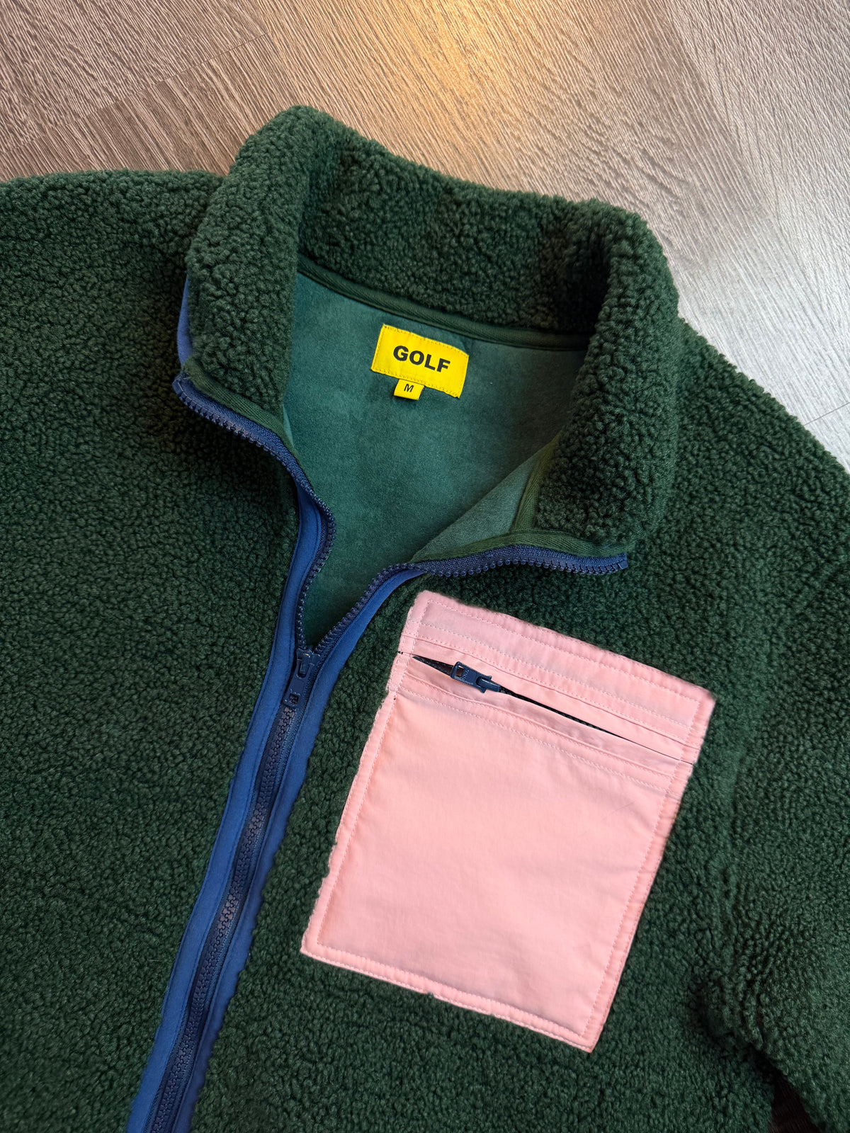 GOLF WANG Green Sherpa Fleece Full Zip Jacket – Pink Pocket – Men's Sz. M