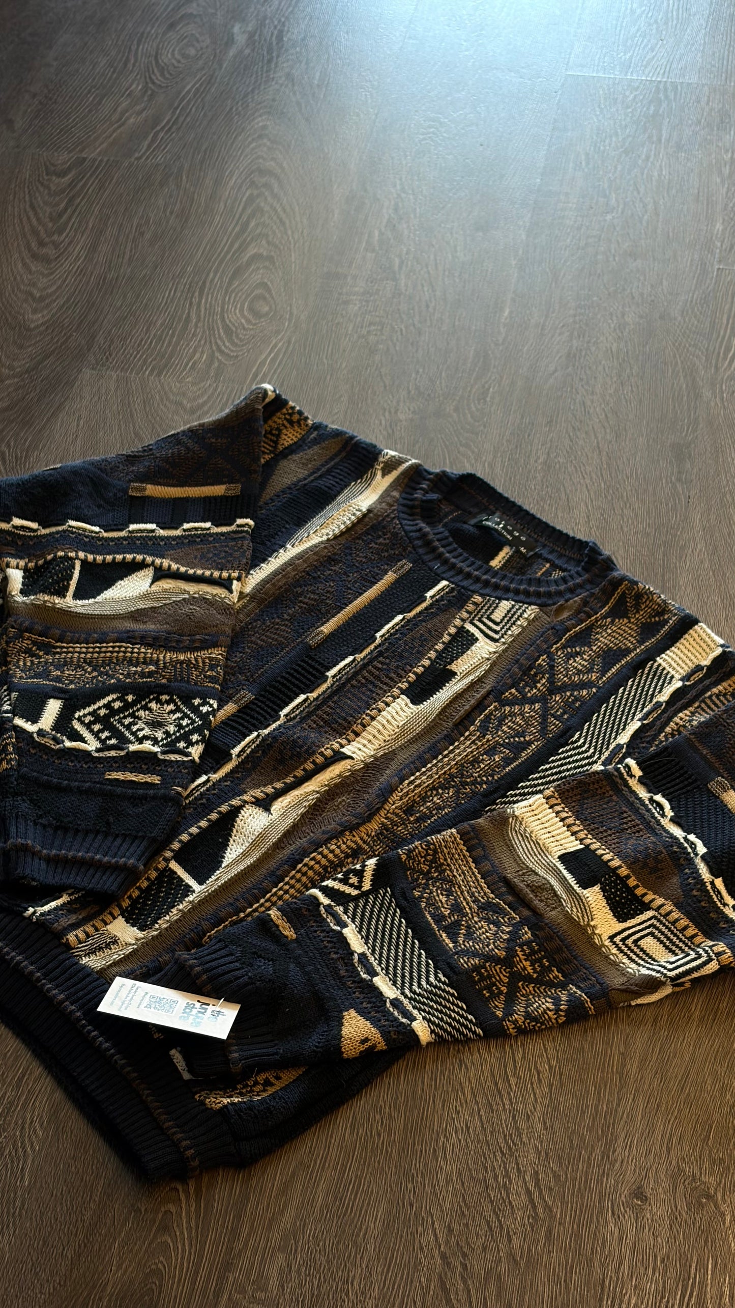 Vintage Coogi Style Textured Knit Sweater Black Gray Size M