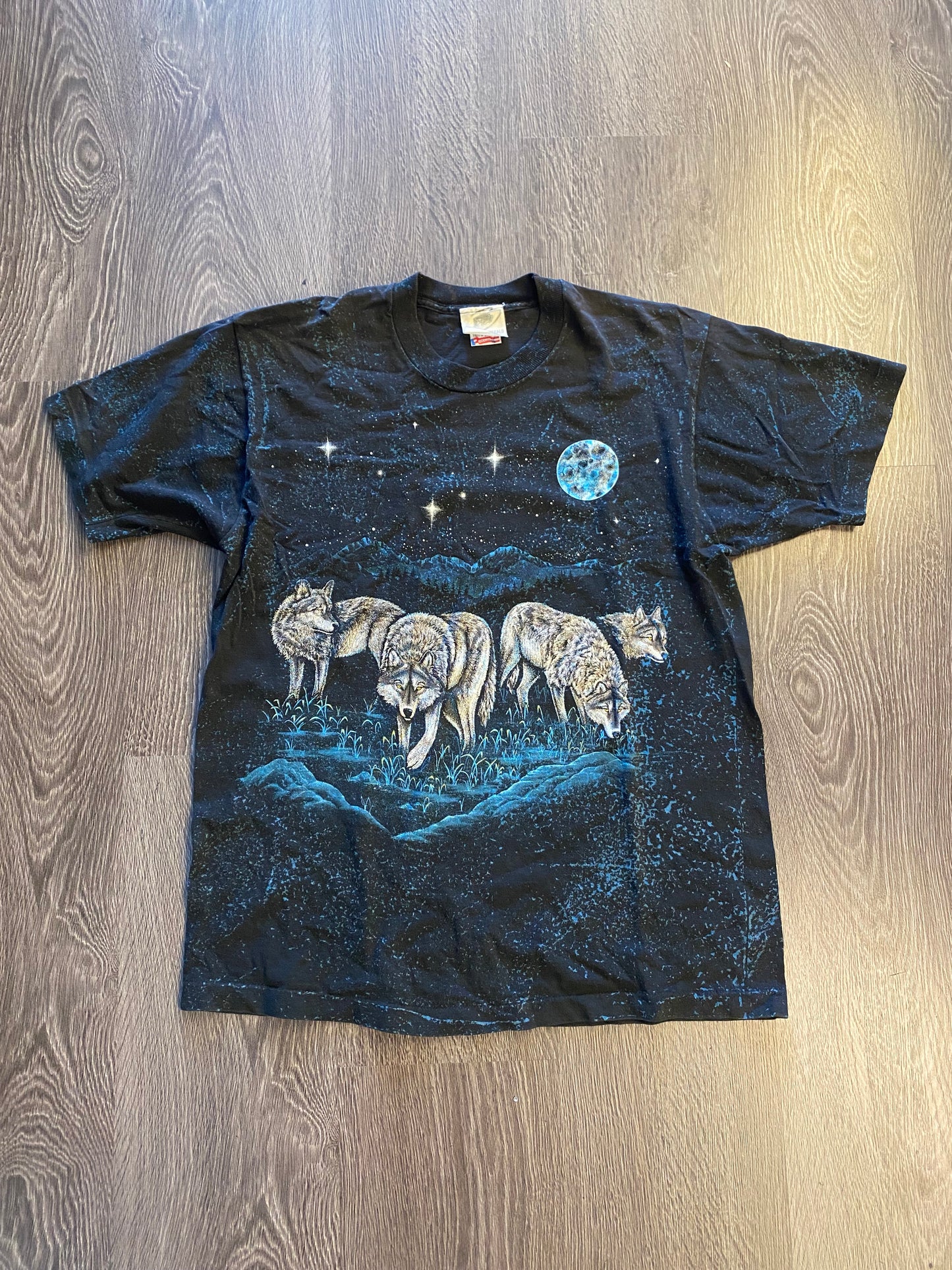 Vintage Y2K Wolves Wolf Pack Stars Mountains AOP T-Shirt Black Sz Large