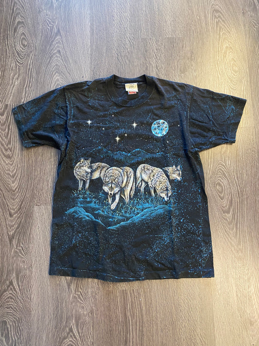Vintage Y2K Wolves Wolf Pack Stars Mountains AOP T-Shirt Black Sz Large