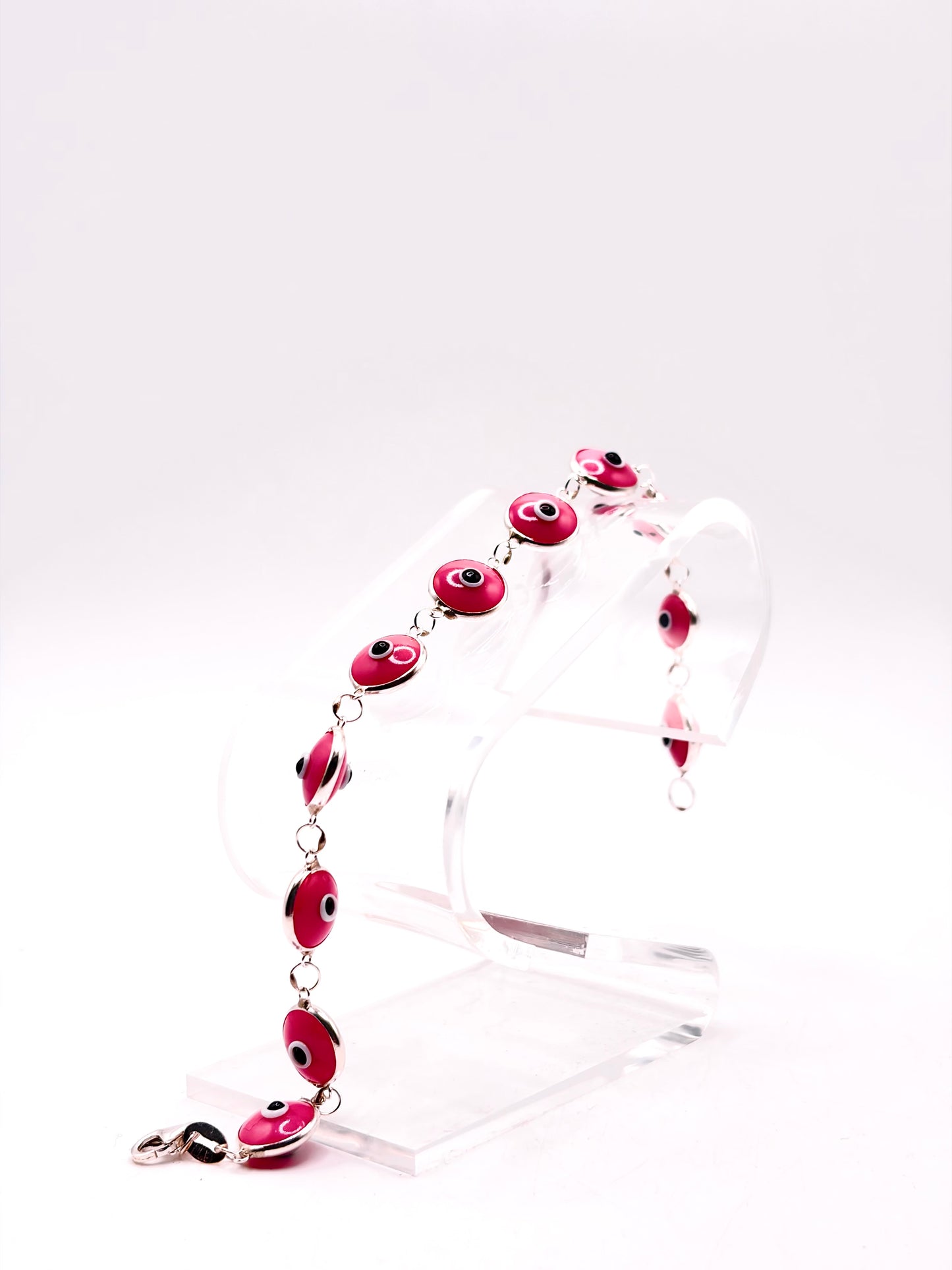.925 Sterling Silver Evil Eye Bracelet Pink 7in