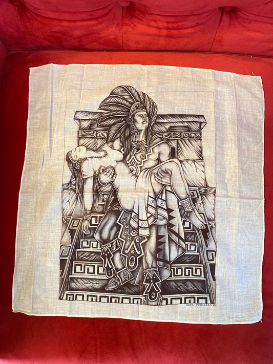 Vintage Prison Art Lady Aztec Warrior King And Queen Pyramid Mexico Mexican Pen On Bandana Handmade Artwork