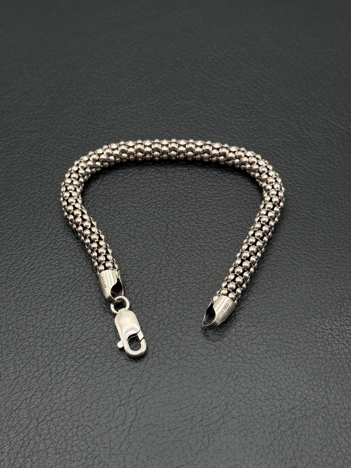 .925 Sterling Silver Wide Beaded Mesh Chain Bracelet – Textured Unisex Style 8”