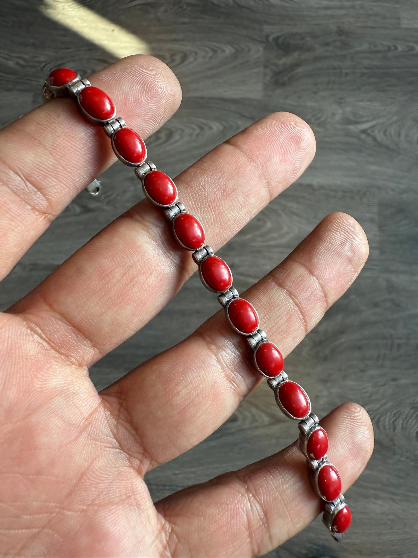.925 Sterling silver red coral gemstone bracelet 7”