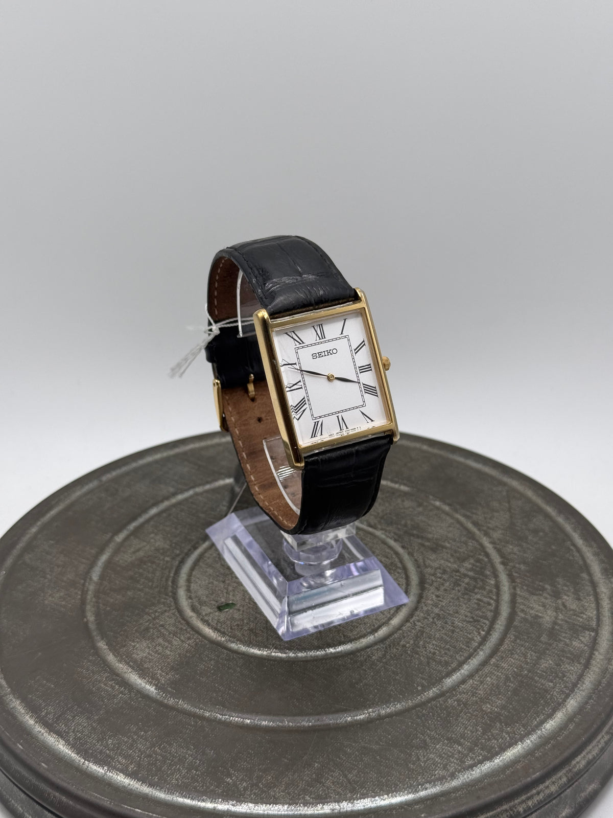 Seiko Jumbo Tank Watch – White Roman Numeral Dial, Gold Tone Case, Black Leather Strap with Box