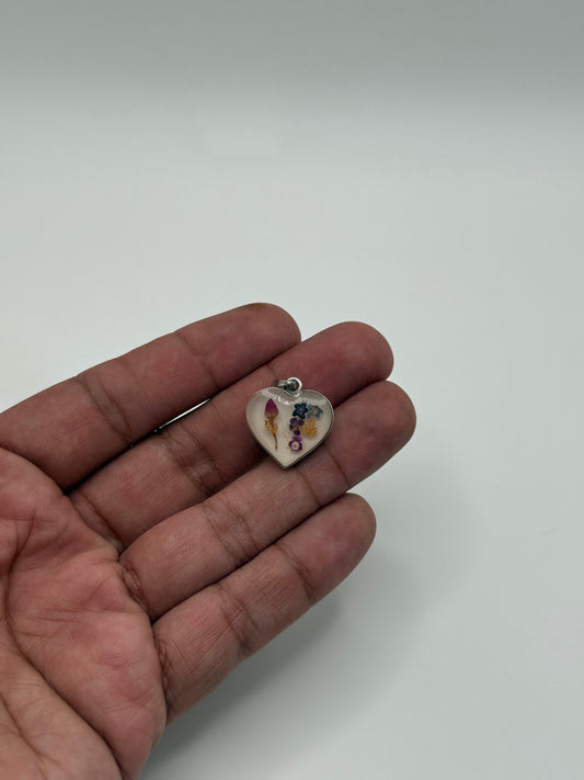 .925 Sterling Silver Pressed Flower Resin Heart Pendant