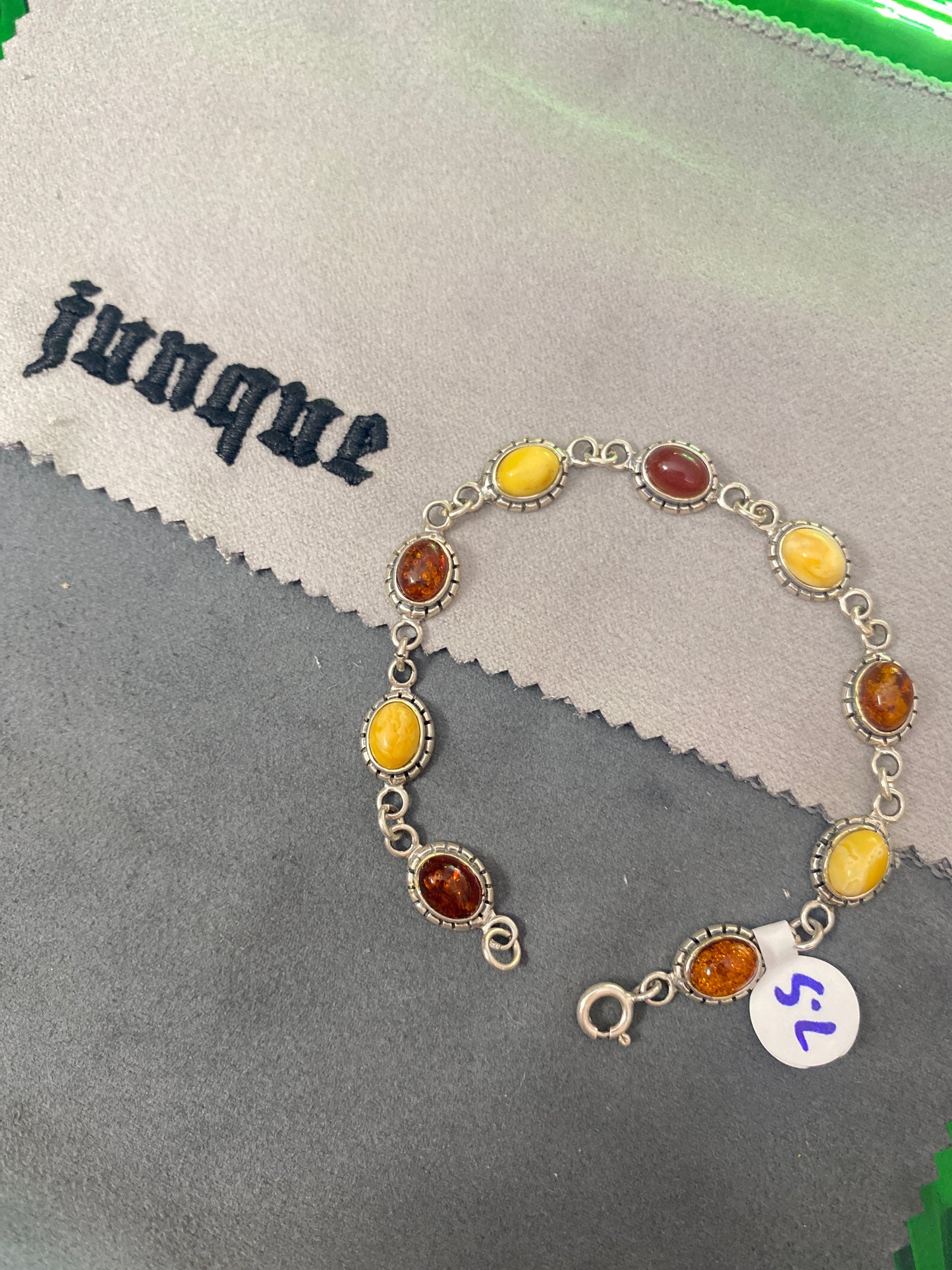 .925 Sterling Silver Amber Yellow Gemstone Bracelet Sz 7.5”