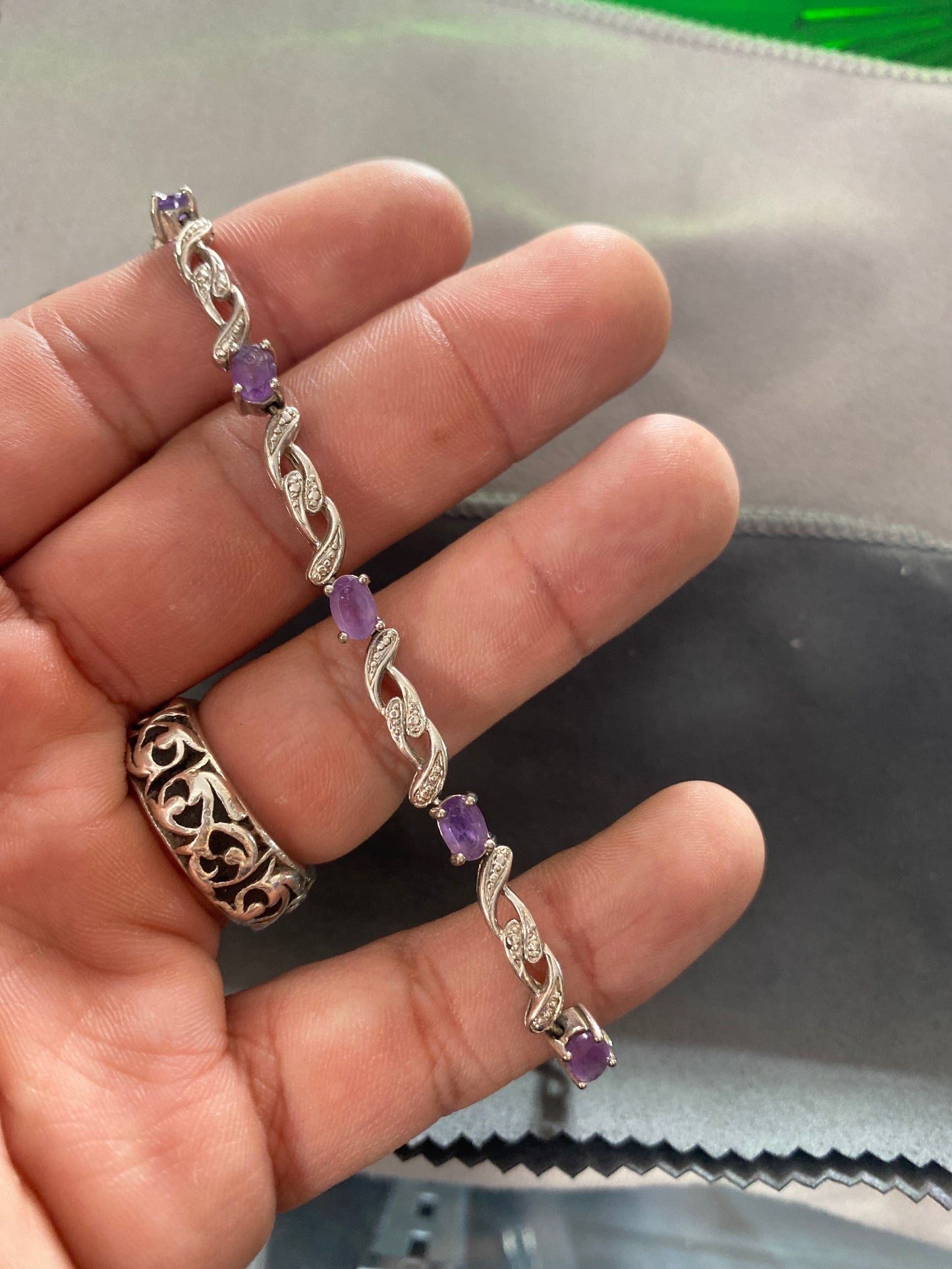 .925 Sterling Silver Amethyst Twisted Bracelet Sz 7.5”