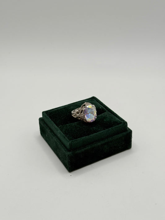 .925 Sterling Silver Iridescent Oval CZ Filigree Ring sz 7