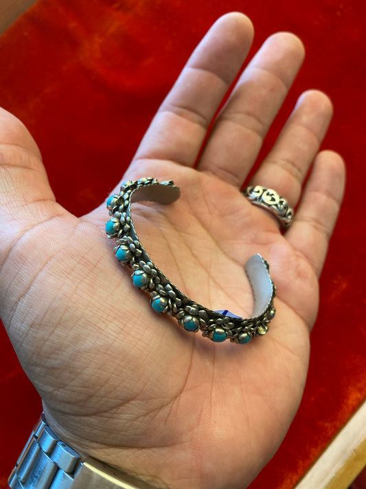 Vintage Mexico Alpaca Turquoise Cuff Bangle Bracelet