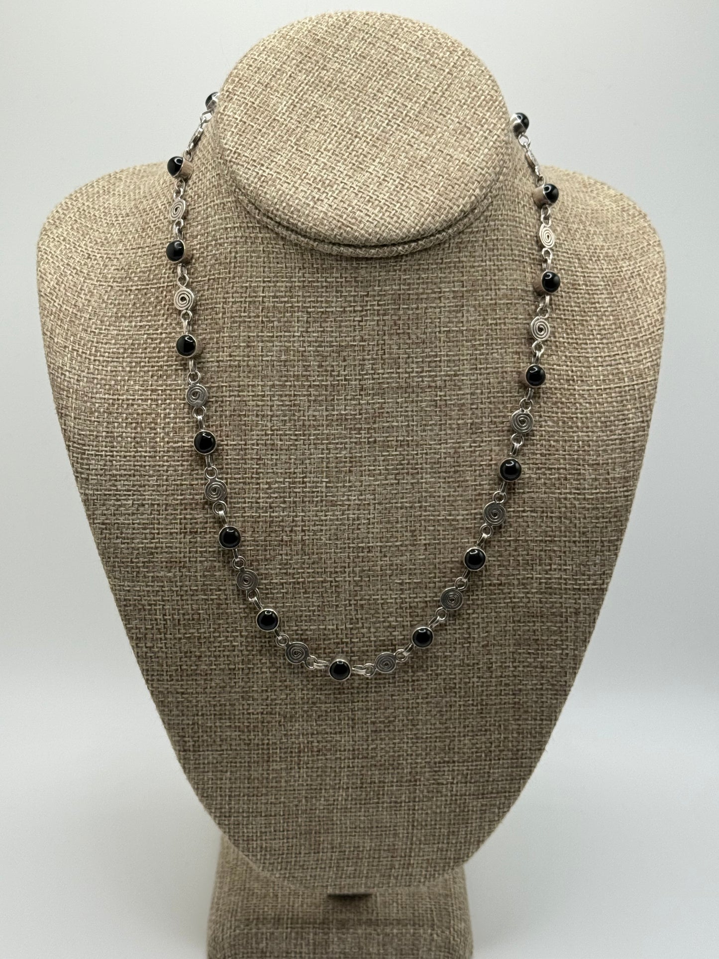 .925 Sterling Silver Black Onyx Station Necklace 19”