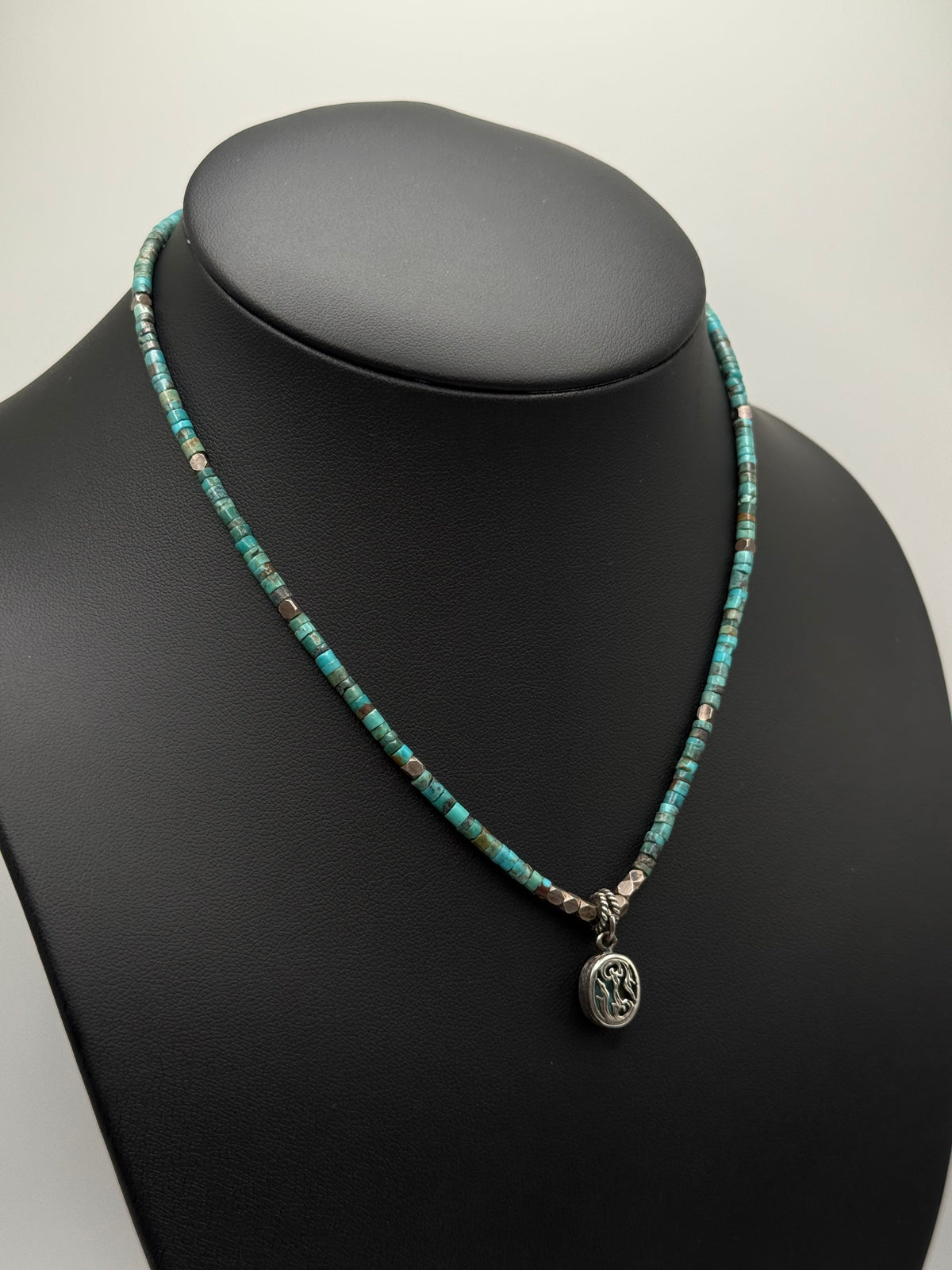 .925 Sterling Silver Turquoise Heishi Bead Necklace with Oval Turquoise Pendant – Southwestern Style Navajo (adjustable) 17”