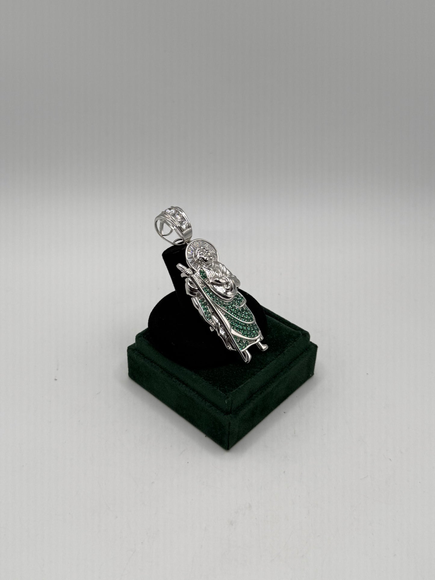 .925 Sterling Silver San Judas CZ Green X-large pendant 3”