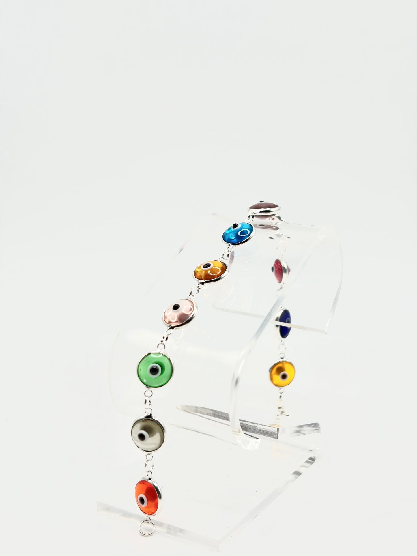 .925 Sterling Silver Evil Eye Bracelet Multicolor Translucent 7in