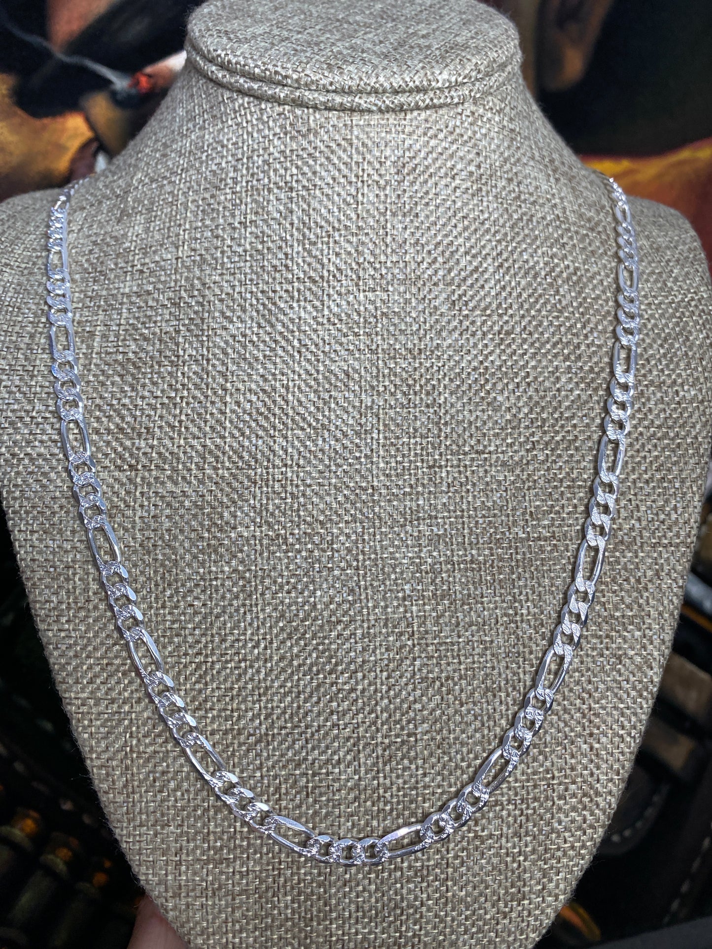 .925 Sterling Silver Diamond Cut Figaro Link Chain 24”