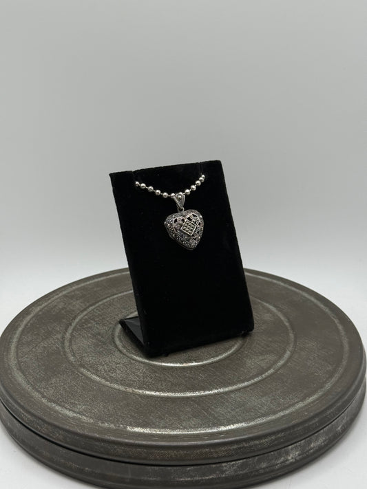 .925 Sterling Silver Heart Locket Pendant – Marcasite-Style Vintage Design
