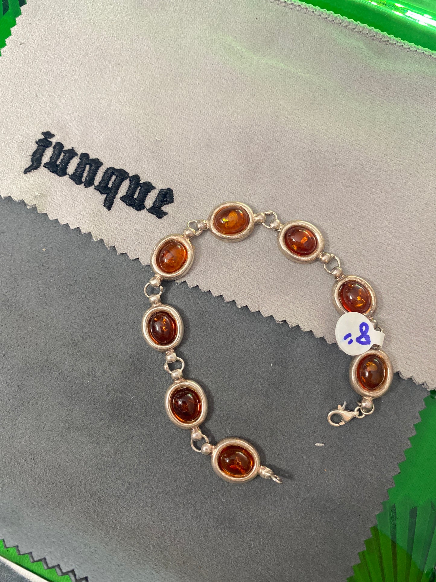 .925 Sterling Silver Amber Oval Link Bracelet Sz 8”