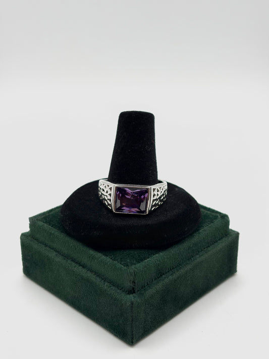 .925 Sterling Silver Band with Amethyst CZ Stone Ring Sz. 13