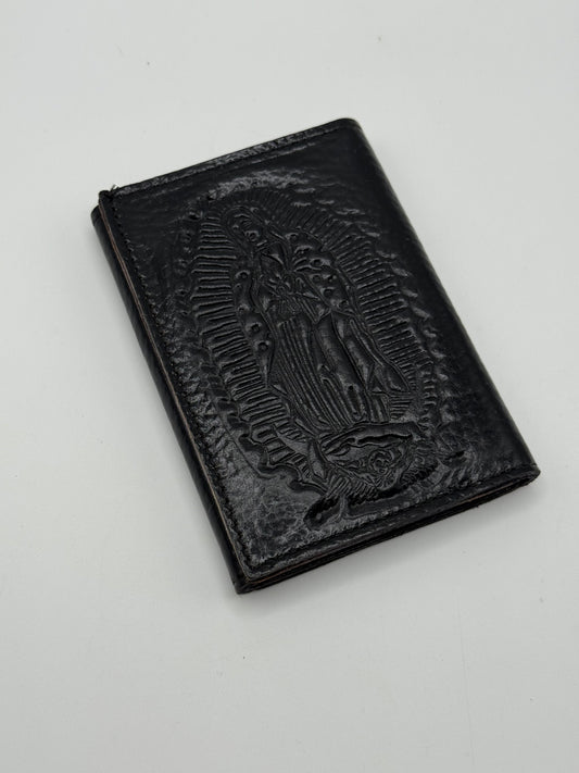 Virgen de Guadalupe Embossed Black Leather Wallet Trifold