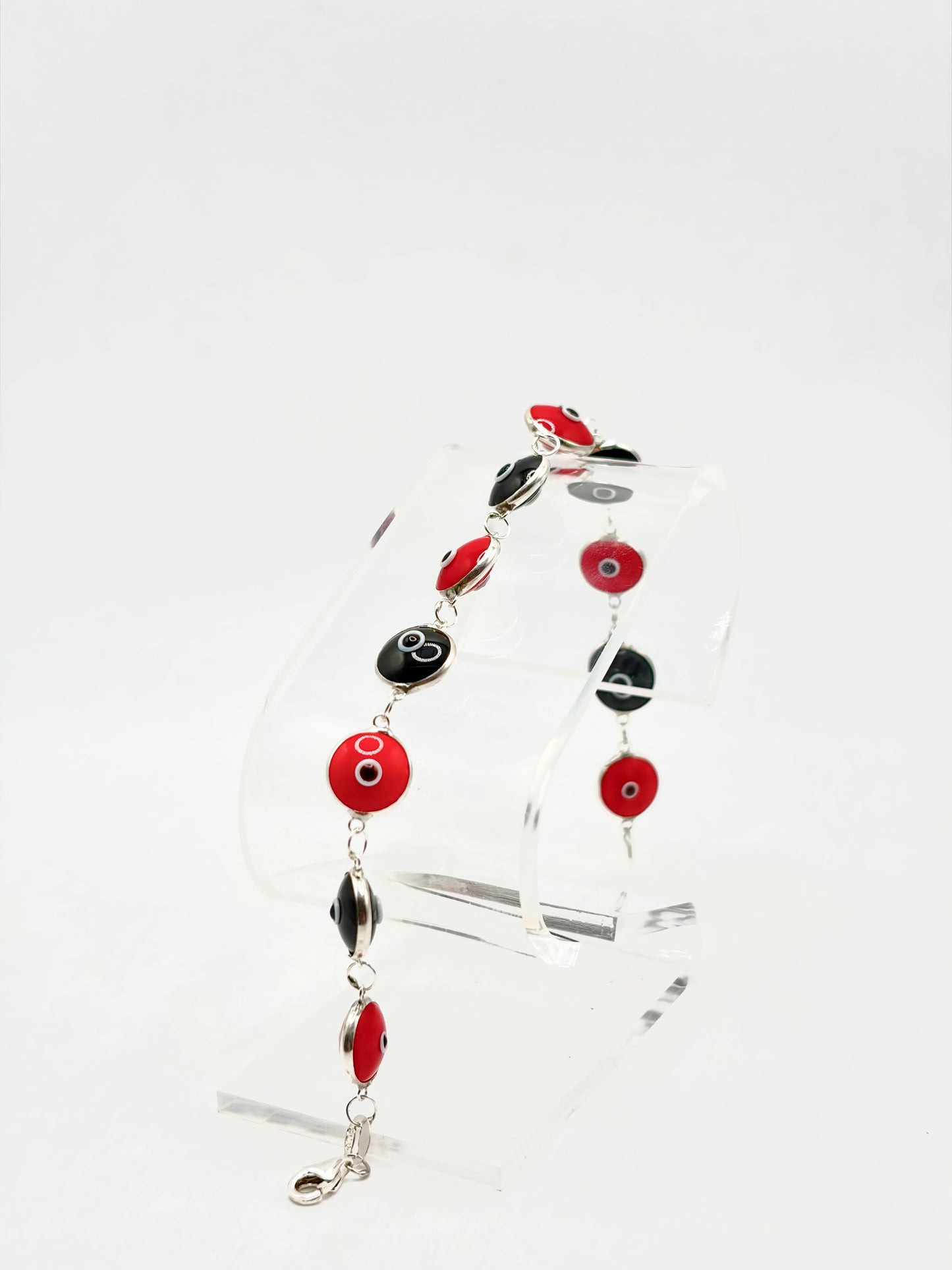 .925 Sterling Silver Evil Eye Bracelet Black and Red 7in