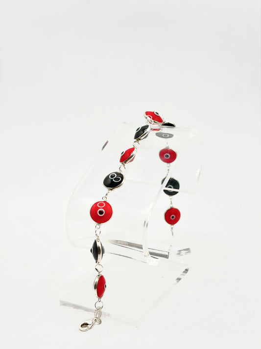 .925 Sterling Silver Evil Eye Bracelet Black and Red 7in
