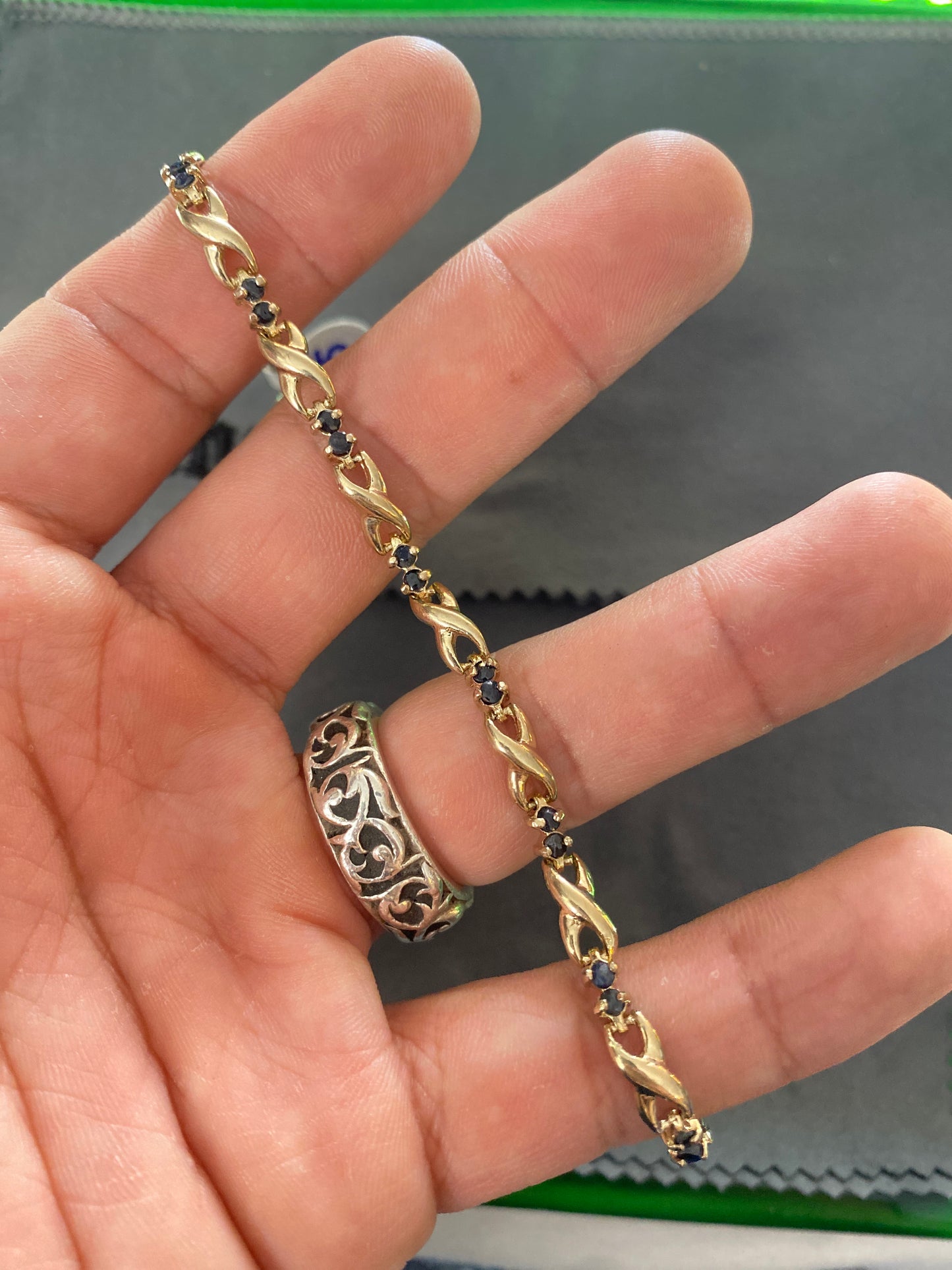 .925 Sterling Silver Gold Tone sapphire Bracelet Sz 8”