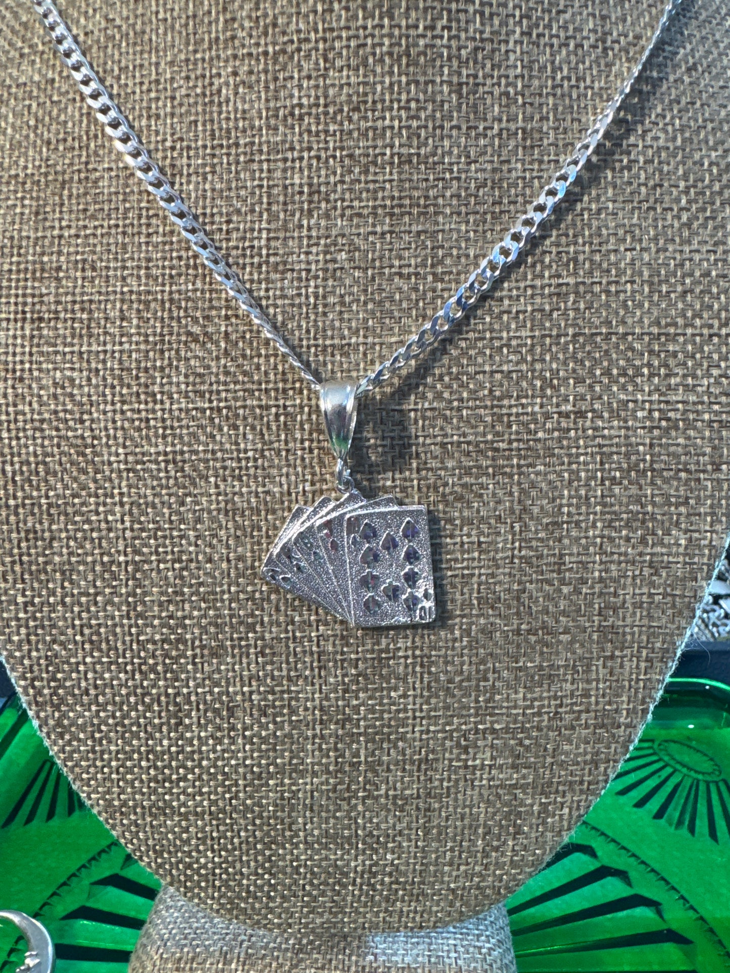 .925 Sterling Silver poker cards pendant with Cuban link chain 23”