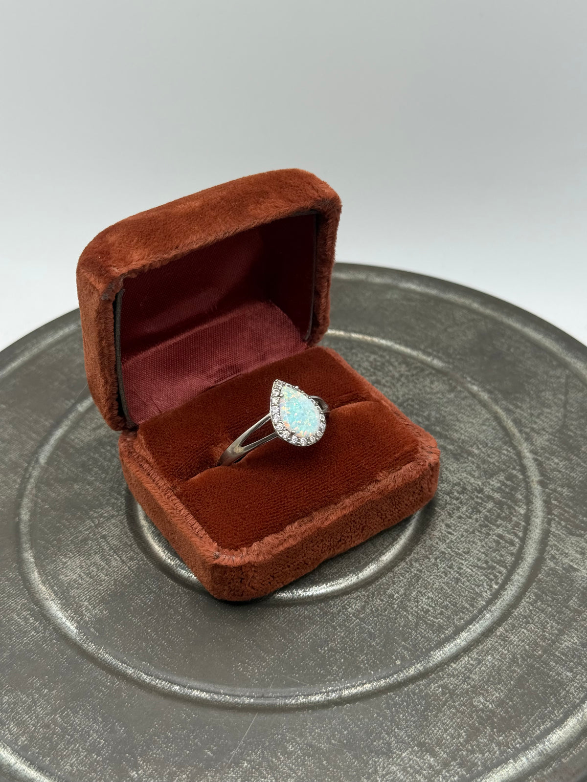 .925 Sterling Silver Pear Shaped Opal Halo Ring – Teardrop Style Sz. 13