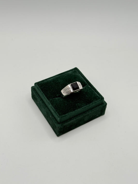 .925 Sterling Silver Black Onyx Square Signet Ring w/ CZ Accents