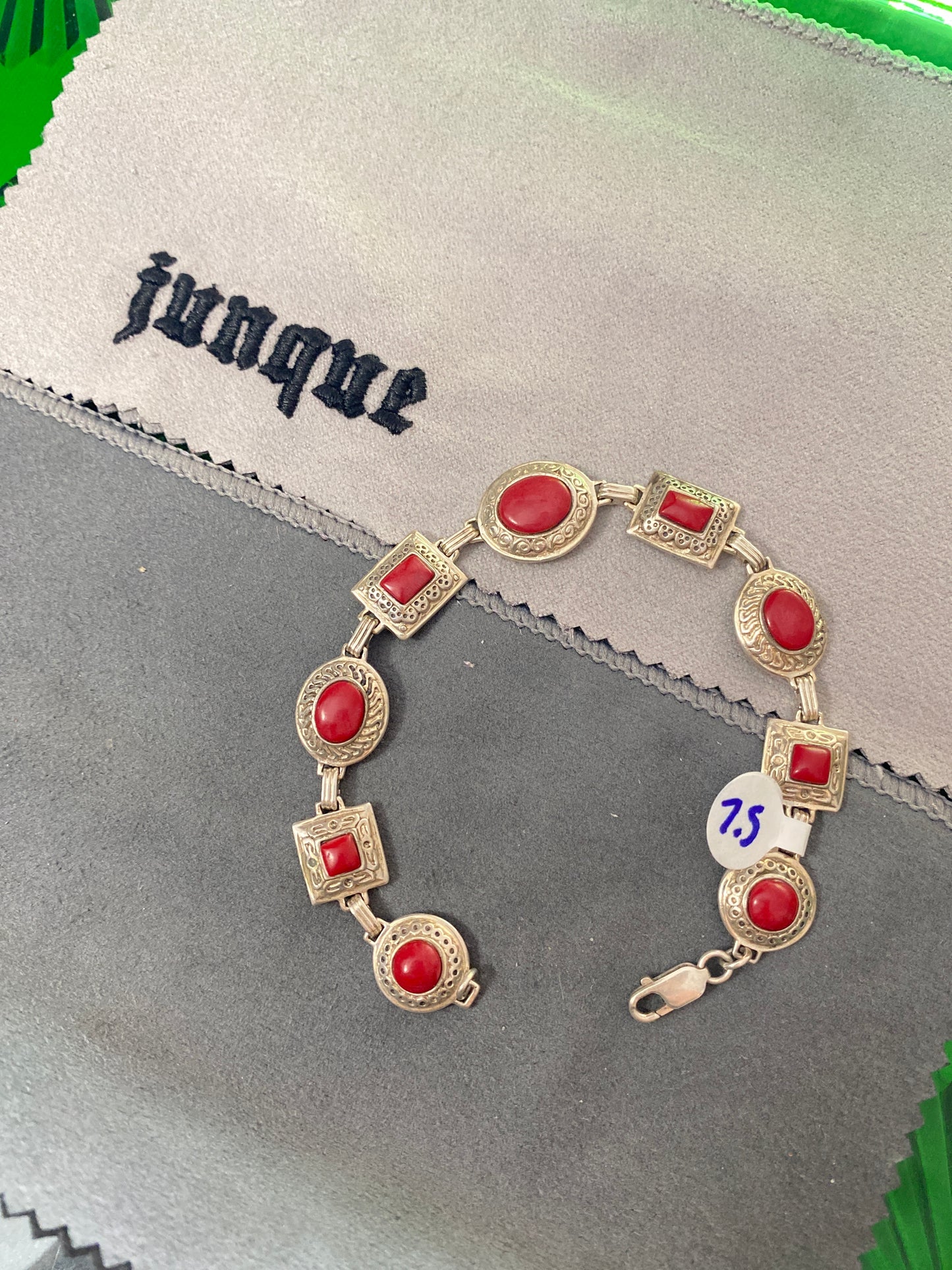 .925 Sterling Silver Garnet Multi Shape Link Bracelet Sz 7.5”