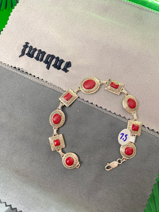 .925 Sterling Silver Garnet Multi Shape Link Bracelet Sz 7.5”