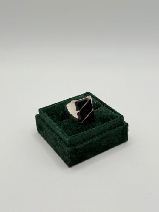 .925 Sterling Silver Black Onyx Geometric Signet Ring sz 10.5
