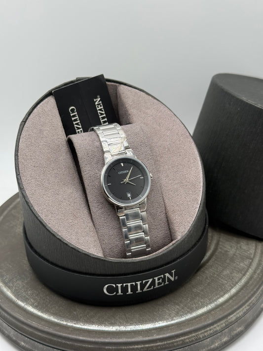 Citizen Black Dial Stainless Steel Watch – Silver Tone Bracelet, Date Display New Ladies