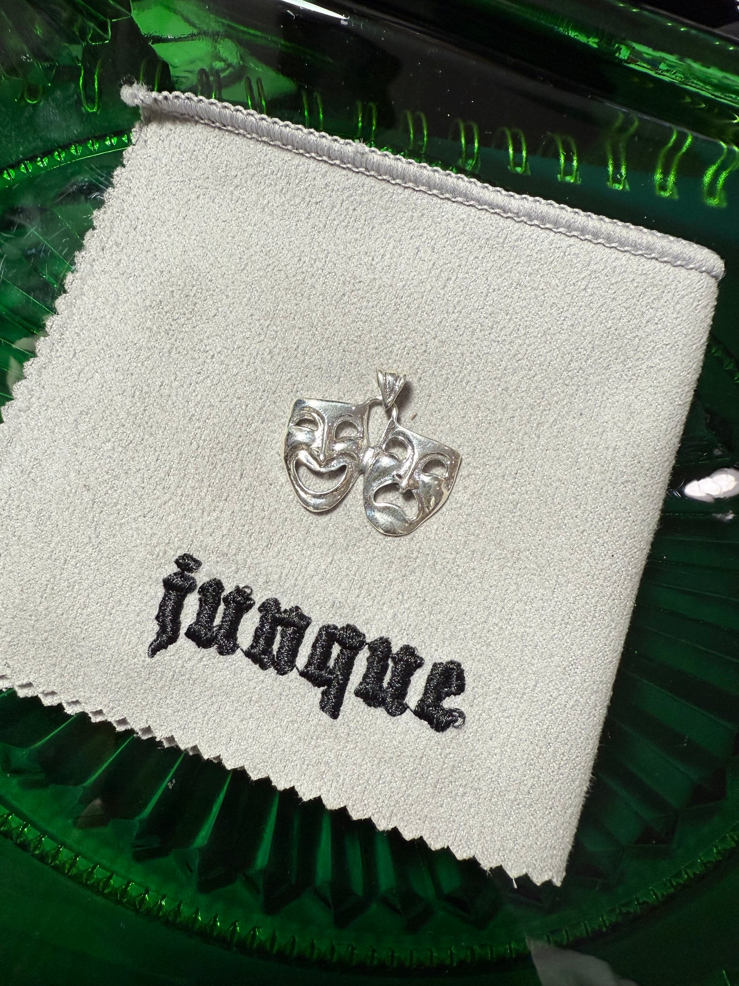 .925 Sterling silver smile now cry later drama face pendant