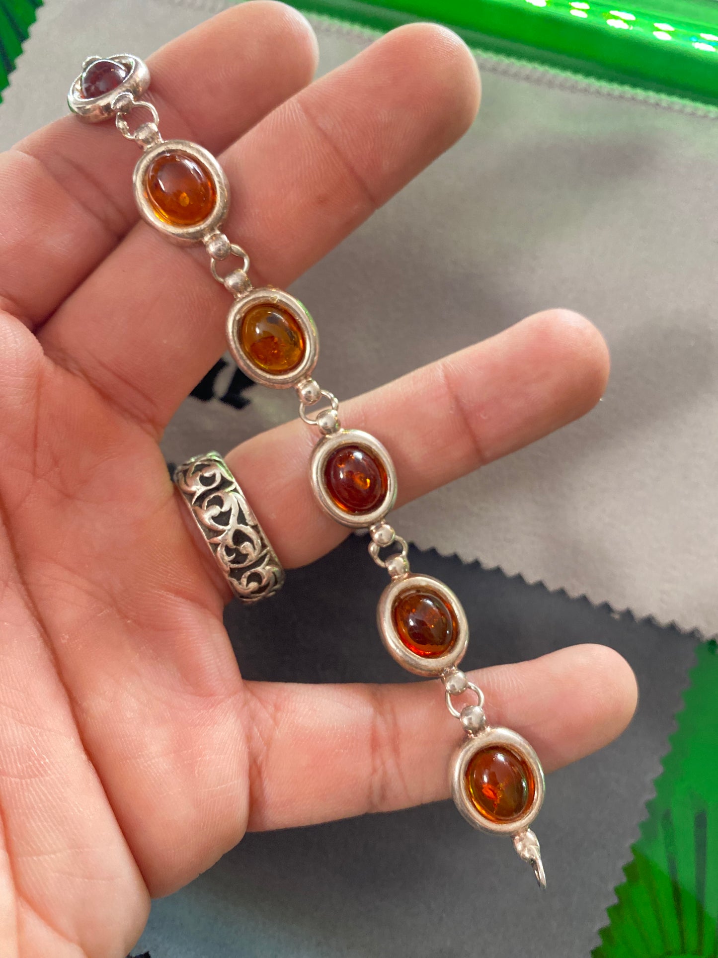 .925 Sterling Silver Amber Oval Link Bracelet Sz 8”