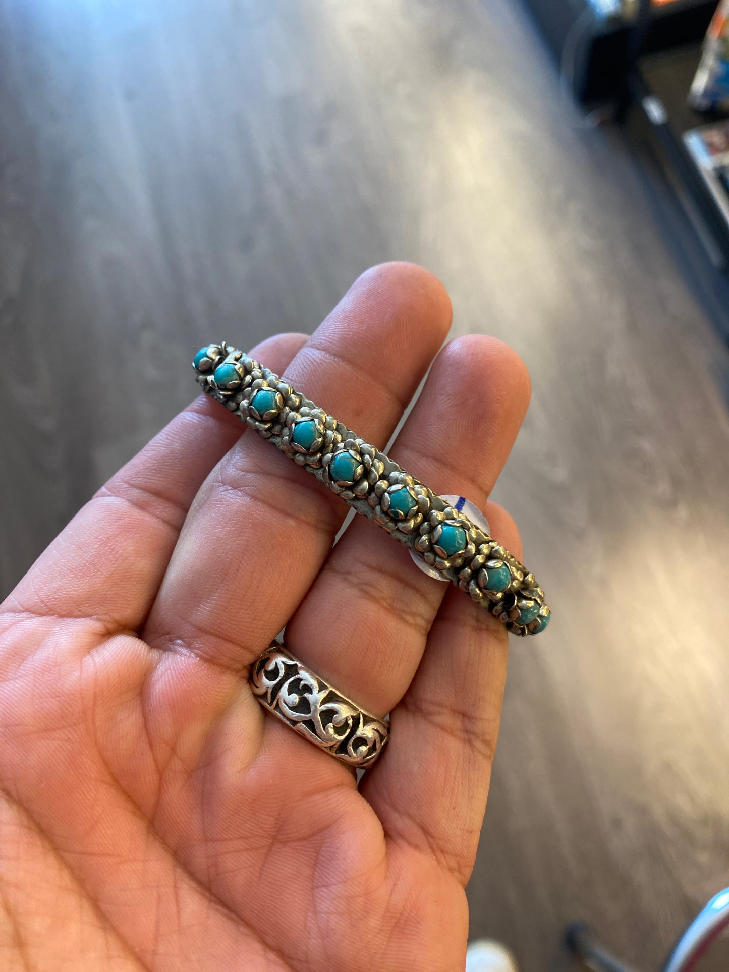 Vintage Mexico Alpaca Turquoise Cuff Bangle Bracelet