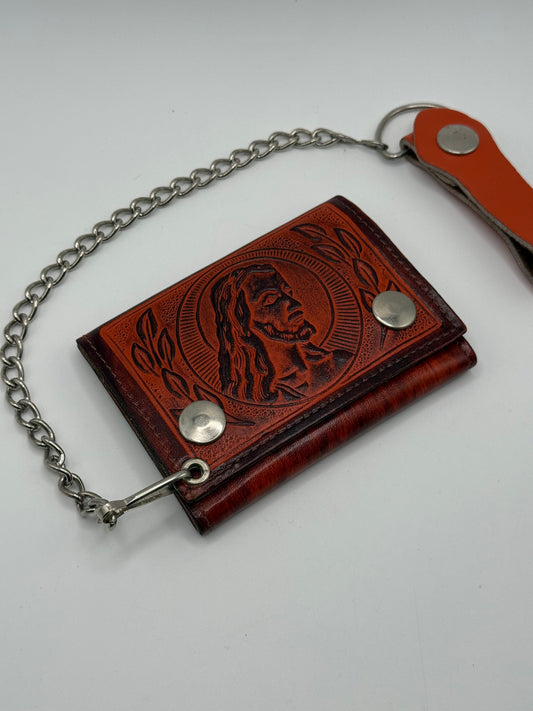 Leather Jesus Portrait Chain Wallet Brown Tooled Leather