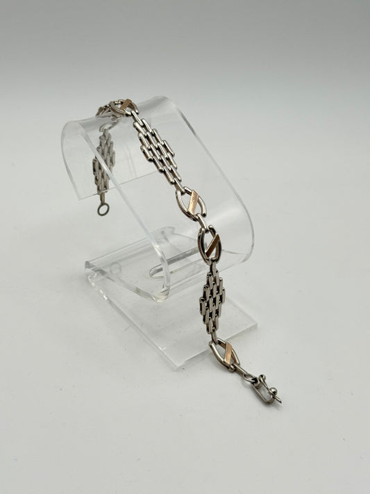.925 Sterling Silver Two Tone Link Bracelet Vintage Style sz 7.5