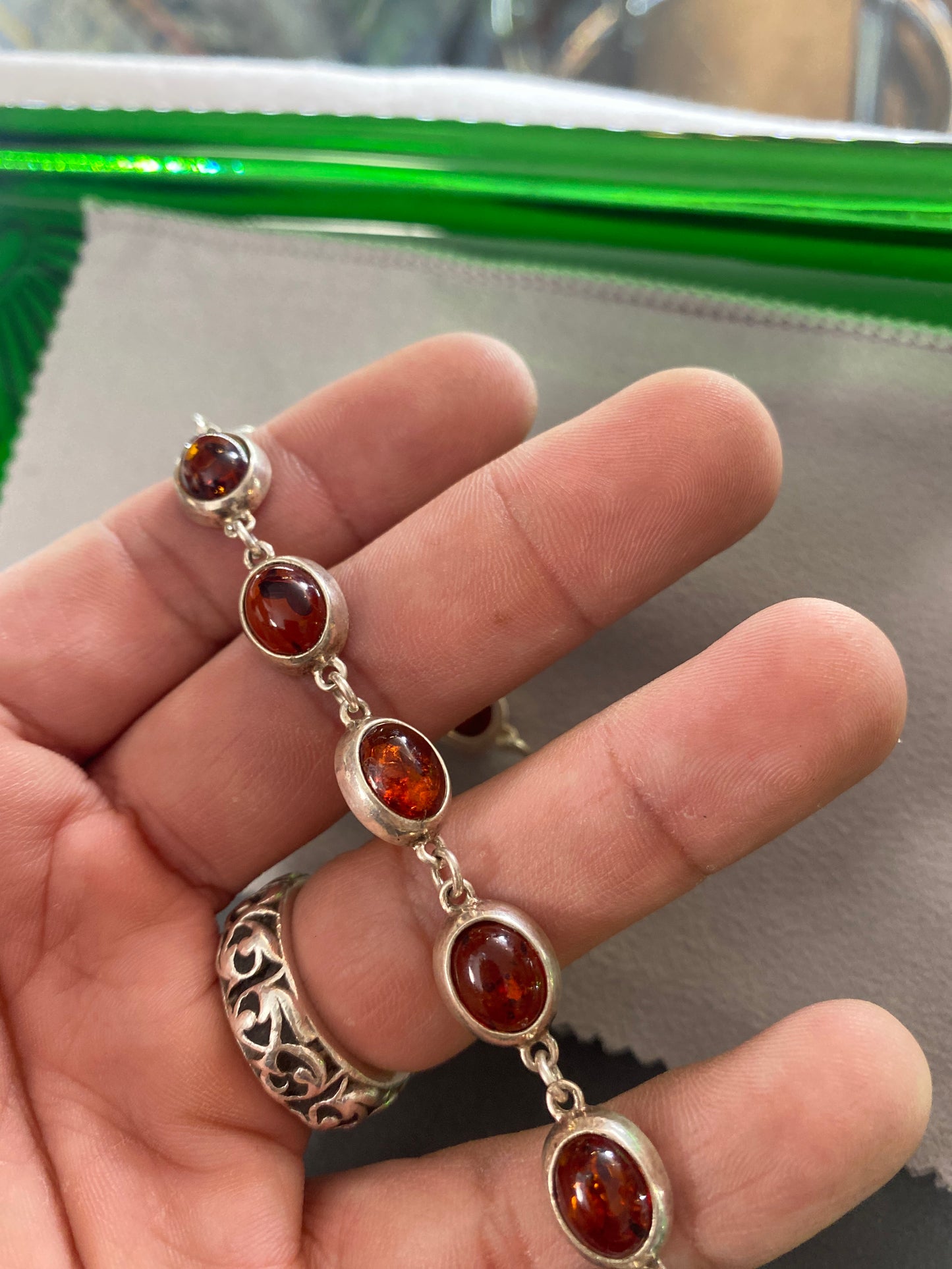 .925 Sterling Silver Amber Oval Link Bracelet Sz 7.5