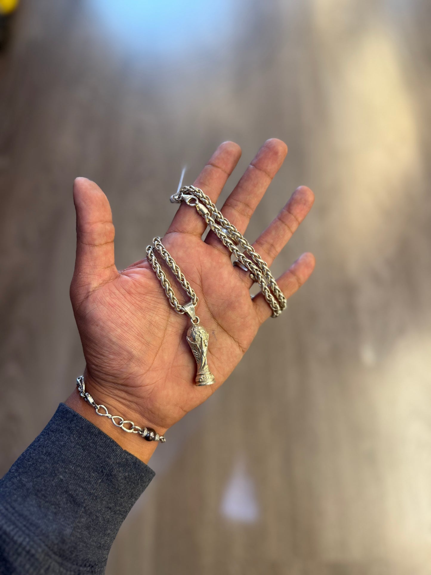 .925 Sterling silver FIFA World Cup trophy pendant and chain 24”