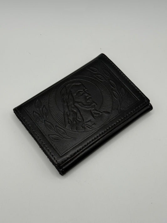 Vintage Black Leather Jesus Christ Embossed Trifold Wallet