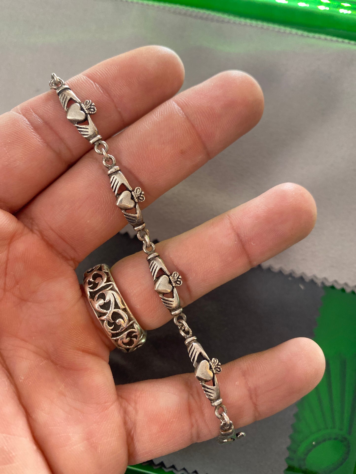 .925 Sterling Silver Heart Crown Bracelet Sz 7.5”